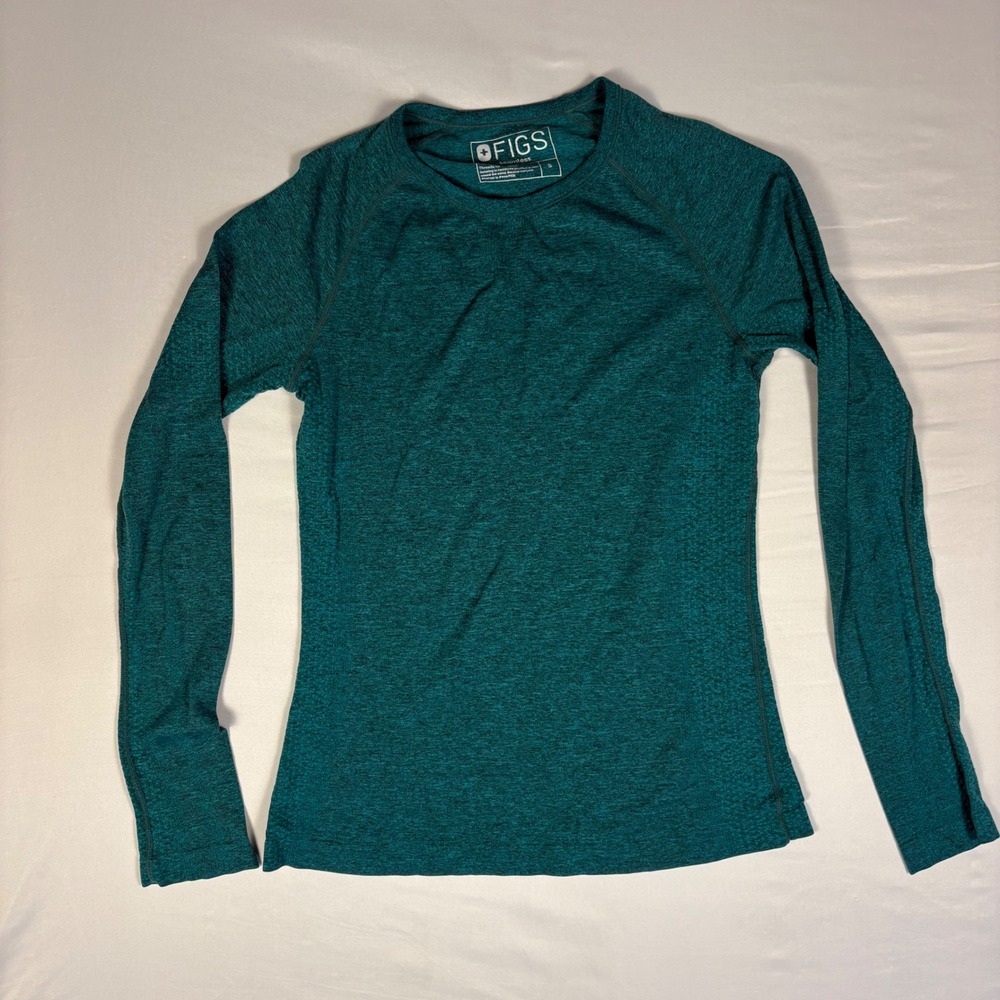 FIGS Seamless Long Sleeve Underscrub Teal Heather Crew Neck Thumbholes Small